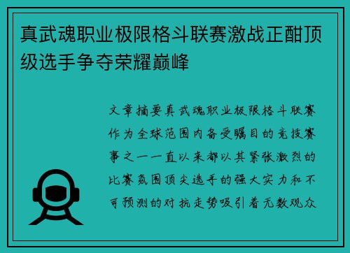 真武魂职业极限格斗联赛激战正酣顶级选手争夺荣耀巅峰