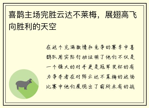 喜鹊主场完胜云达不莱梅，展翅高飞向胜利的天空