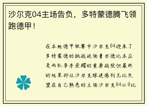 沙尔克04主场告负，多特蒙德腾飞领跑德甲！